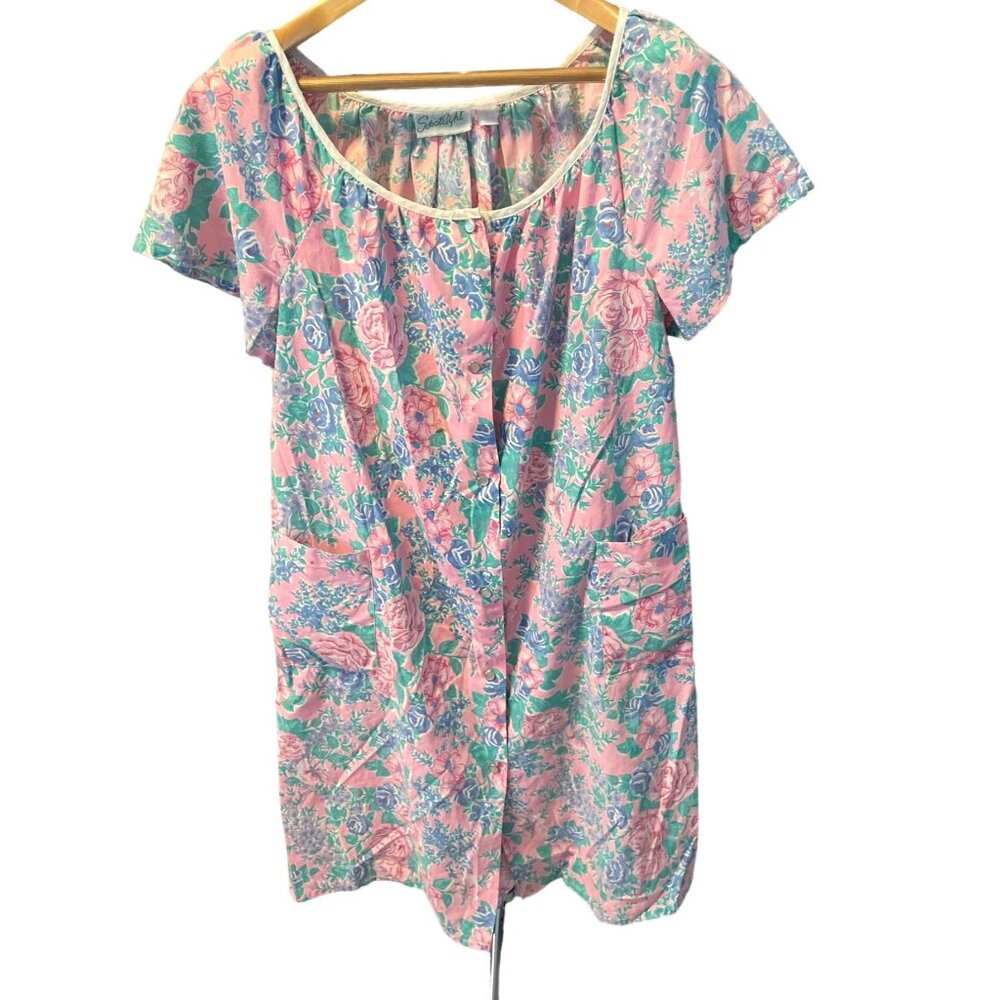 Vintage Spotlight Pink Floral Snap Front Cotton House Dress Pockets Size M